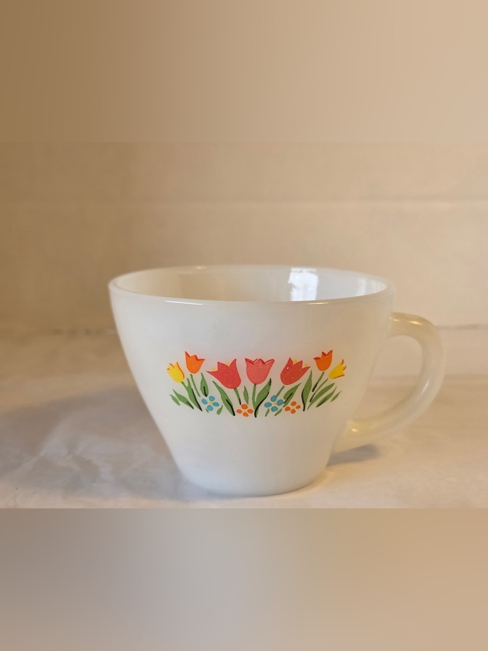 Vintage Fire King Anchor Hocking Tulip & Floral Milk Glass Coffee Tea Cup
